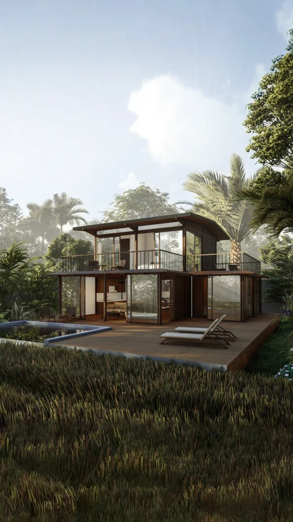 RESIDENTIAL 2-STOREY MODULAR HOMES, Minimal ground closure thanks to off-the-ground structure, sustainable building materials using wood and upcycled plastic, and superb insulation for high energy efficiency