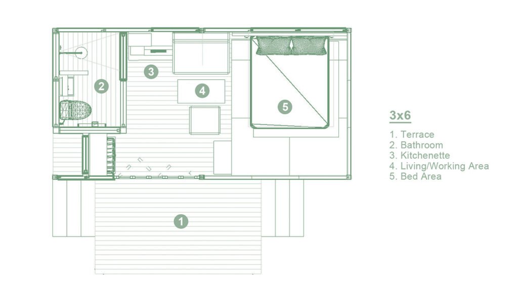 open floor plan drawn of tiny home with bed area, terrace, bathroom, kithcenette